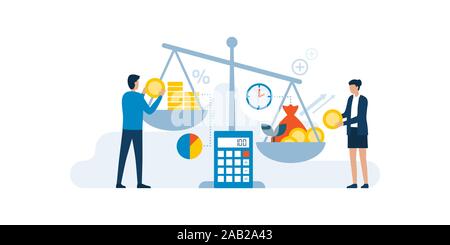 Business people comparing investments and returns on a weight scale, finance and profit concept Stock Vector