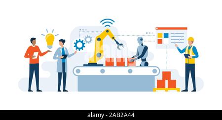 Smart industry production process with workers, robots and interactive interface Stock Vector