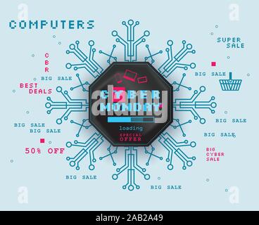 Cyber monday banner. Black technology snowflake as chip on blue background Stock Vector