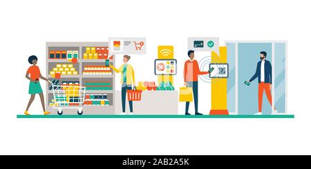 People doing grocery shopping at the supermarket and buying products, they are checking offers using augmented reality apps on their phones and paying Stock Vector
