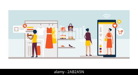 Women shopping for clothes and using new innovative technologies: augmented reality app on a smartphone and virtual fitting room on a touch screen dig Stock Vector