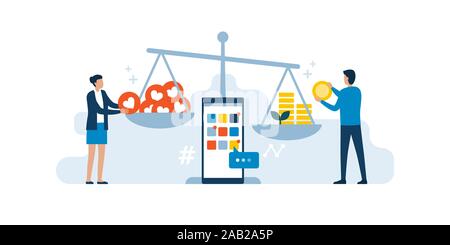 Social media influencers comparing likes and earnings on a scale, social media marketing concept Stock Vector
