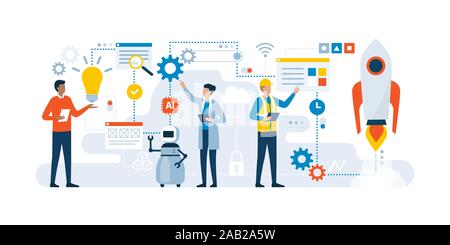 Creative idea implementation, production process and startup launch, people and robot working together Stock Vector