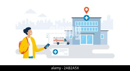 Happy woman finding an hospital using a GPS navigation app on her smartphone Stock Vector