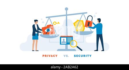 People balancing concepts of privacy and security on a scale, personal data protection concept Stock Vector