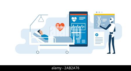 AI robot examining a patient in the hospital using medical applications, innovative healthcare concept Stock Vector