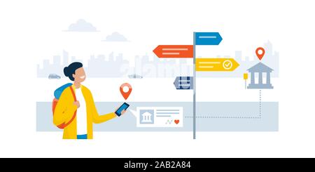 Happy tourist finding a museum location in a city street using GPS navigation on her smartphone Stock Vector