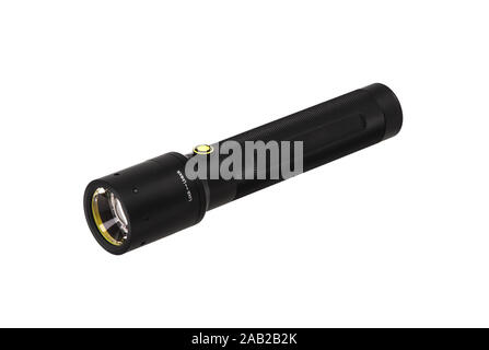 modern black metal flashlight isolated on white background Stock Photo