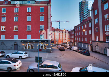Residential apartments housing blocks and in background Norra Tornen residential skyscraper, Vasastaden, Stockholm, Sweden Stock Photo