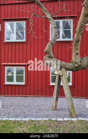 Traditional Falu red wooden house which stands in front of the Aula Medica lecture hall, Karolinska Institute Solna, Stockholm Stock Photo