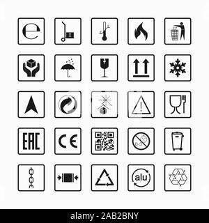 Packaging icons, package signs set. Vector illustration, flat design. Stock Vector