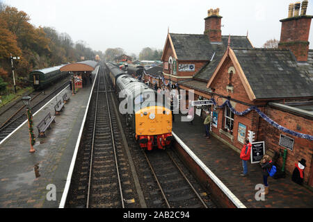 A class 40 diesel locomotive arriving at Bewdley station on the Severn valley railway. Stock Photo