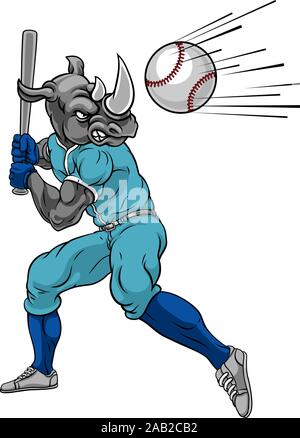 Rhino Baseball Player Mascot Swinging Bat at Ball Stock Vector