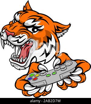 Tiger Gamer Video Game Controller Cartoon Mascot Stock Vector