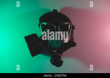 Beautiful vintage Gas Mask in the color light. Background banner texture. Top View. Stock Photo