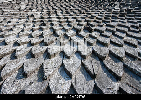Wooden tiles roof of a house at vikings village in Sweden. Scandinavia Stock Photo