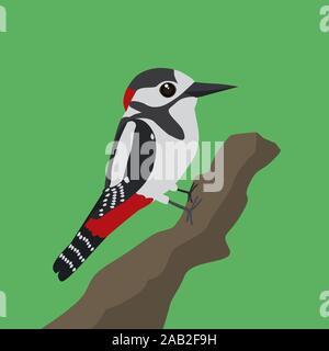 A vector illustration of a great spotted woodpecker on a tree trunk with a green background Stock Vector