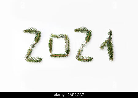 Number of new year 2021 made of fir branches. Flat lay, top view Stock Photo