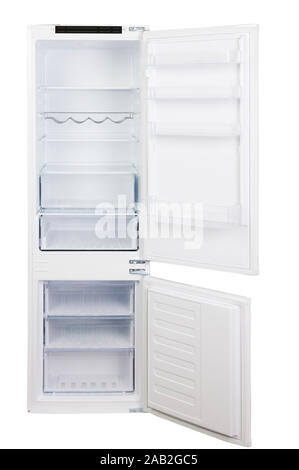 Open white refrigerator with freezer isolated for build in furniture Stock Photo