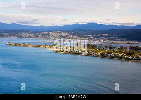 Aerial view of Knysna from Knysna Heads. Looking from East head down Knysna Lagoon with Leisure Isle and Thesen Island, Knsyna, Garden Route, South Af Stock Photo