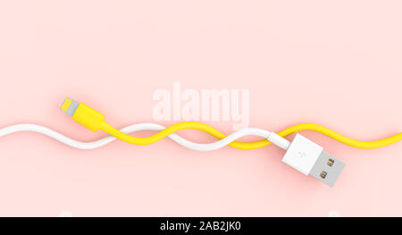 cable us white and yellow intertwined between them on a pink background. 3d image. connection concept Stock Photo