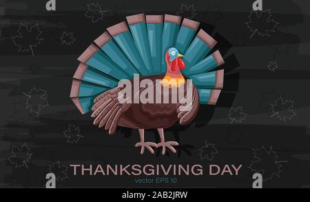 Thanksgiving day turkey with turquoise feathers. Outline of autumn leaves on background. Holiday vector Stock Vector