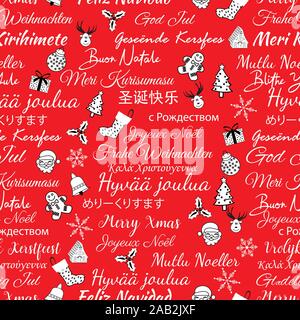 Seamless vector pattern background with Christmas greetings in different languages. Stock Vector