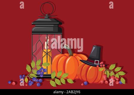 Halloween decorations with witch hat, pumpkins, blue and red berries, light up lamp with candle. Red background. Holiday Vector Stock Vector