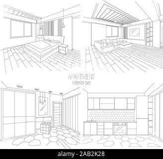 Apartment interior set with living room, kitchen and bedroom sketches. Modern style. Vector Stock Vector