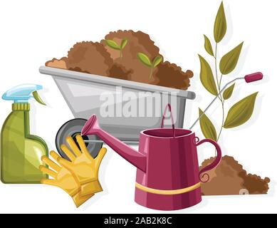 Set of autumn gardening tools. Spray bottle, flower watering can, wheelbarrow with soil and seeds. Agricultural vector Stock Vector