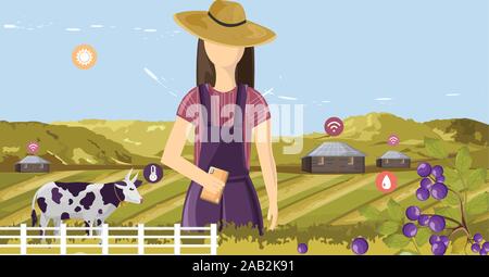 Woman controlling future farm wireless from the smart phone. Agriculture icons floating. Barn, cow and mountains on background Stock Vector