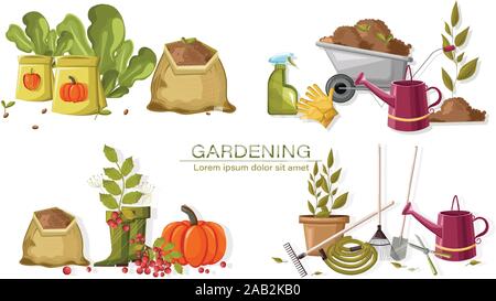 Set of autumn gardening tools. Watering can, pot with flower, hose, rake, shovel and scissors. Vegetable seeds, lettuce, spray and other. Vector Stock Vector