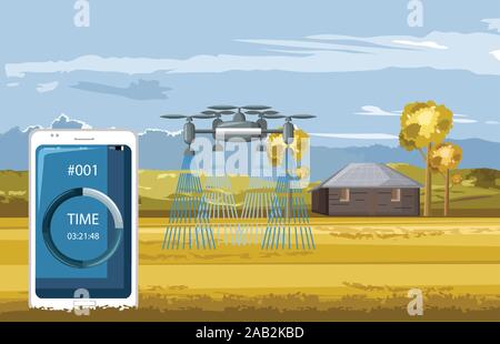Big drone controlled by smart phone watering the field in autumn season. Future of agriculture idea. Technology vector Stock Vector