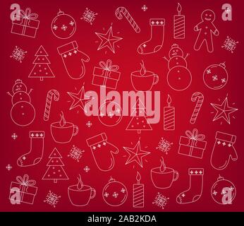 Set of christmas decorations outlines. Gift boxes, baubles, snowflakes, candles, hot tea, lollipop and gingerbread man cookies. Red background vector Stock Vector