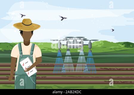 Man with check list in hands controlling a big drone that is watering the field. Birds flying in the sky. Future of agriculture idea. Technology vecto Stock Vector