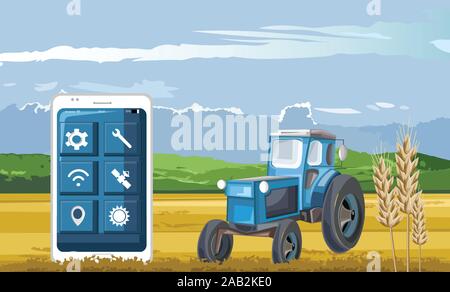 Blue tractor in the field controlled by smart phone app. Wheat on foreground. Blue sky. Technology in agriculture idea vector Stock Vector