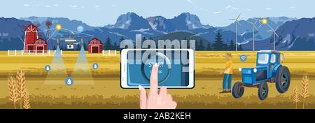 Woman hands controlling wireless farm field from smart phone tablet app. Red barn, drone watering and tractor with windmill on background. Blue mounta Stock Vector