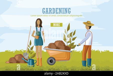 Couple doing gardening work. Carrying wheelbarrow with soil and planting flowers. Blue sky Stock Vector