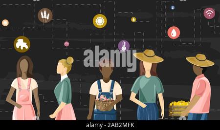 Family of farmer people wired to future farming technologies icons. Dark background. Agriculture wireless business idea vector Stock Vector