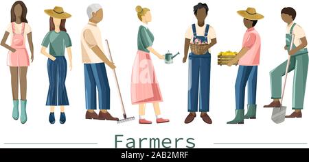 Set of farmer people with different occupations and outfit. Shovel, rake, carrying peppers. Isolated background. Agriculture idea vector Stock Vector