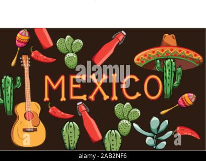 Mexico banner with region oriented decorations. Guitar, cactus, hot sauce bottle, pepper. Colorful maracas and sombrero hat Stock Vector