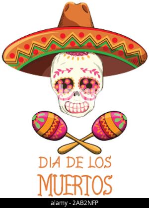 Mexico Day of the Dead party with holiday decorations. Skull with flowers and sombrero hat. Colorful maracas White background. Vector Stock Vector