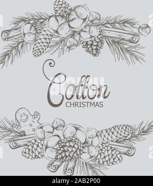 Cotton christmas composition with flowers, conifer cone, gingerbread cookie, fir tree leaves and cinnamon sticks. Holiday outline sketch style vector Stock Vector