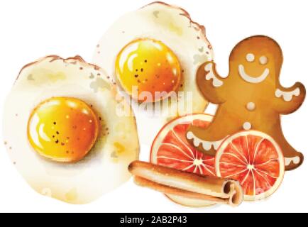 Fried eggs with spices and cinnamon sticks, gingerbread cookie, lemon snacks. Christmas morning food vector Stock Vector