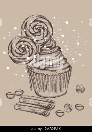 Cupcake with lollipops covered in snow. Cinnamon sticks, walnut and coffee beans on foreground. Christmas holiday sketch style vector Stock Vector