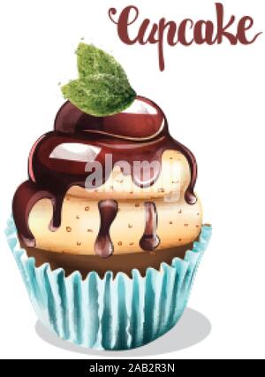 Cupcake with peppermint and chocolate glaze in blue cup. Desser vector Stock Vector