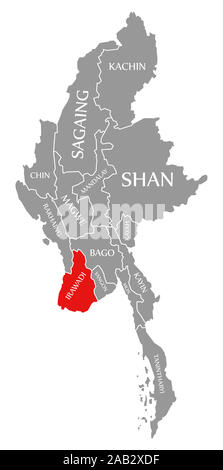 Irawadi red highlighted in map of Myanmar Stock Photo