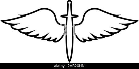 Wings and sword symbol cadets Winged blade weapon medieval age Warrior insignia Blazon bravery concept icon outline black color vector illustration Stock Vector