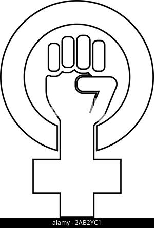 Symbol of feminism movement Gender women resist Fist hand in round and cross icon outline black color vector illustration flat style simple image Stock Vector