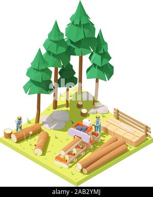 Vector isometric portable sawmill in forest Stock Vector